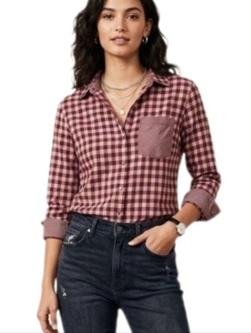 Hem & Thread Cotton Gingham Plaid Shirt Brown Size S